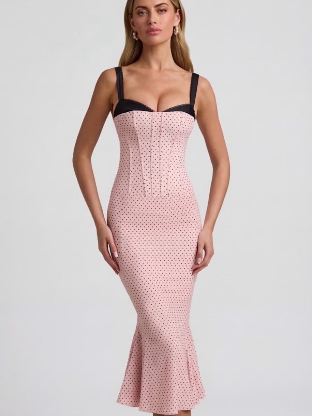 Oh Polly Valentina Layered Bra-Detail Fishtail Midaxi Dress in Pink Polka Dot